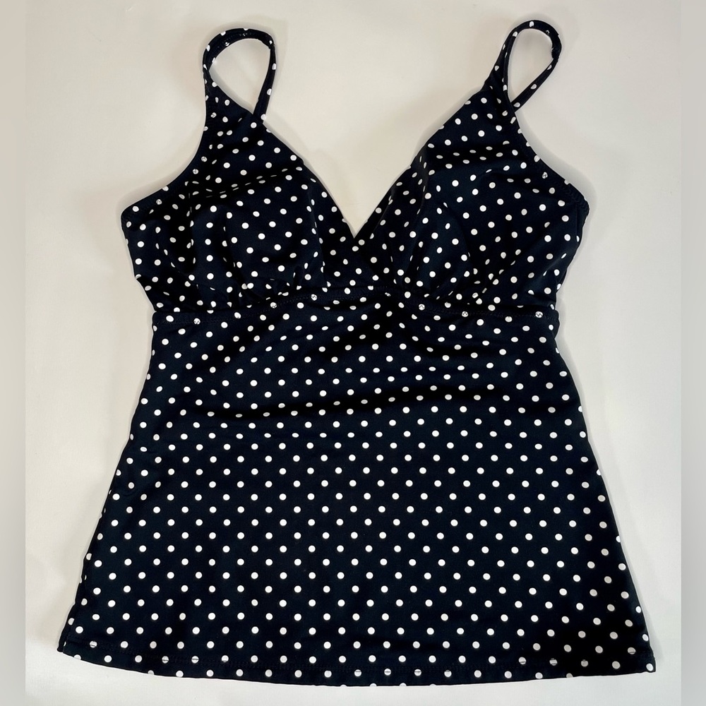 Garnet Hill black and white dots swim top.